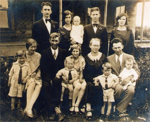 Family of Jesse Addison Green and Lenora Amanda Cobb Green, circa 1929
1st Row - Miles Kenneth Green, Zera Margaret Green, Jesse Addidson Green, Charles Cole, Mattie Lenora "Mattie Lee" Green, Lenora Amanda Cobb Green, Leemon Earl Green and Jesse Leemon Green holding Glen Green
2nd Row - Eldrice Hampton Green, Ruby Inez Green Cole holding Betty Jean Cole, Carlyn William Green and Clara Mae Reagan Green