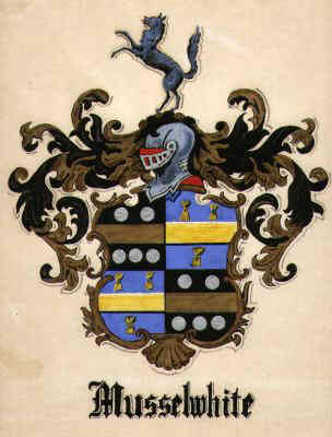 Musselwhite Coat-of-Arms.
The coat-of-arms of the Musselwhite family indicates that two families of equal rank were united. The Musselwhite shield is quartered: the first and fourth quarters representing the male, are composed of two black horizontal bands separated by a gold one and on the black bands are pearl-like circles. Black signifies constancy, gold great generosity and blue is the emblem of sincerity. The second and third quarters of this shield, representing the female’s paternal arms, are composed of two azure blue banks separated by a yellow band and on the blue bands are sheaves of golden wheat.. The knight in armor above the shield is an indication that our ancestor received the high honor of knighthood, and did not assume the coat-of-arms. A wolf rampant is clearly defined on the crest of the Musselwhite coat-of-arms, which evidences that both families used the same crest. The decorations around the shield is the mantling. The knights frequently went on long crusades and used mantling as a protection from the sun. The fanciful twists represent the cuts received in battles and these incisions in the mantling are marks of glory and helped to distinguish his bravery on the battlefields.