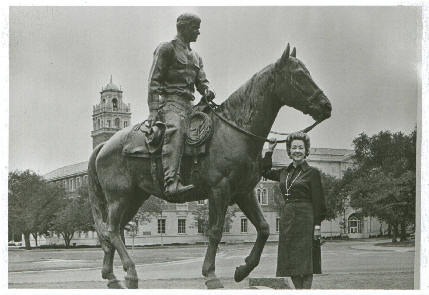 From waggonerranch.com - Electra Waggoner Biggs an heiress of the Waggoner Ranch stands next to the sculptor of Will Rogers on his horse Soap Suds. This replica graces the grounds of Texas Tech University in Lubbock. Her original of the statue was a gift donated to the city of Ft. Worth by Amon G. Carter.